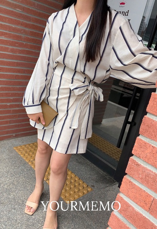 [Self-produced] Julai Linen Wrap Skirt - Striped Navy
